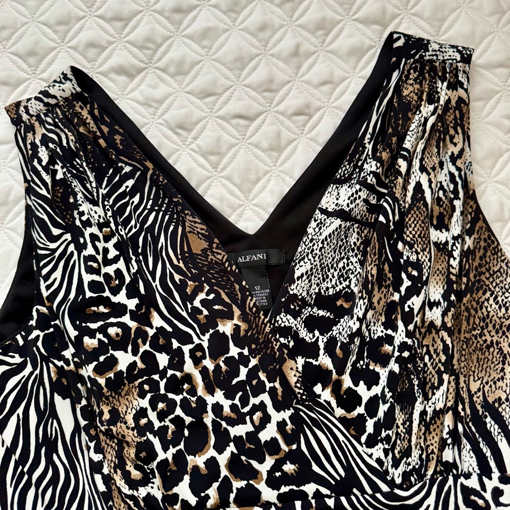 Alfani Animal Print V-Neck Sleeveless Midi Dress Black White Tan Size 12 - Picture 4 of 11
